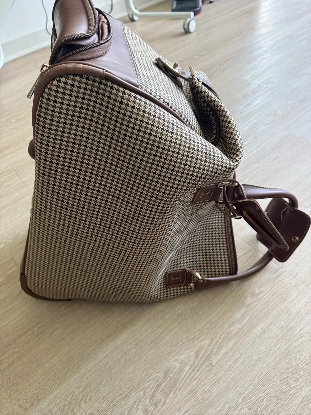 London Fog Brown Houndstooth Travel Duffel with Dark Brown Trim